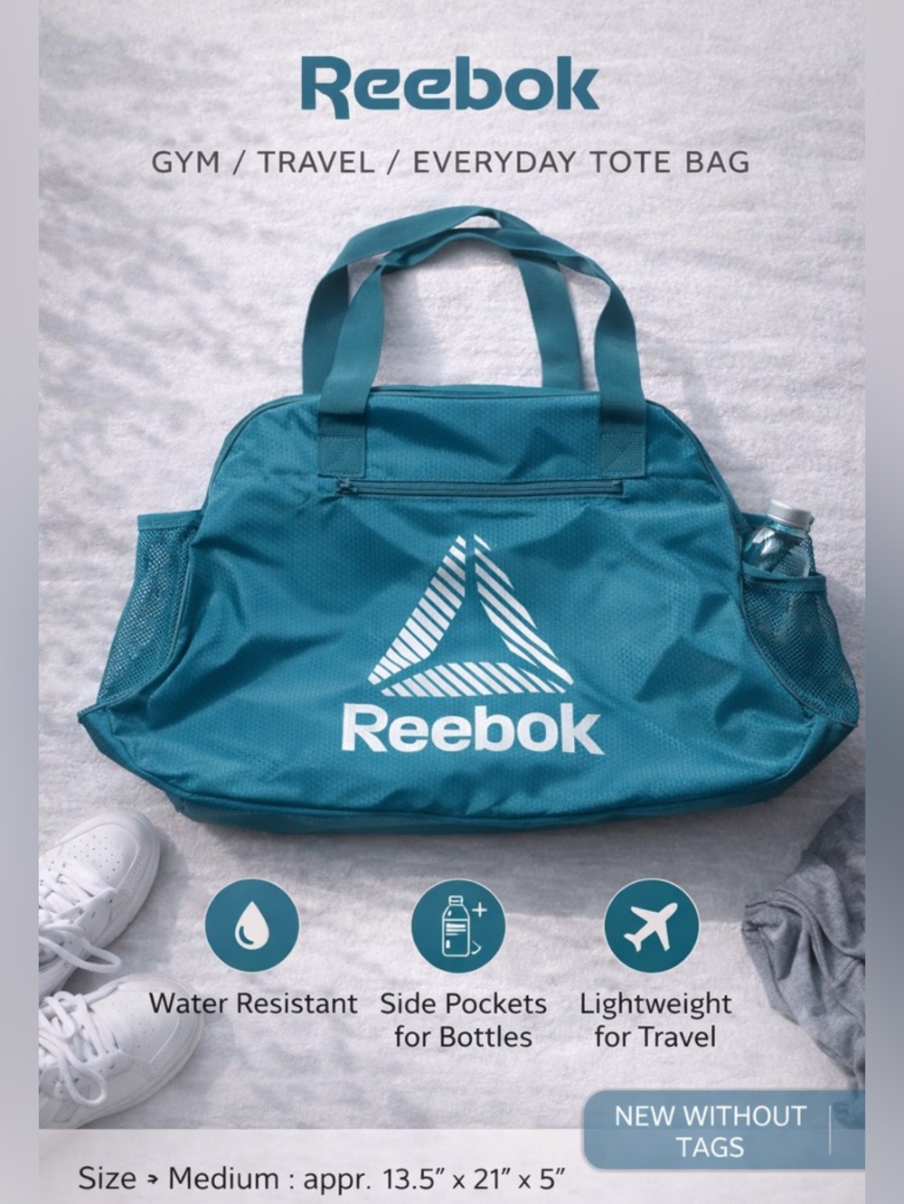 Reebok Gym Tote Bag Teal Athleisure Travel Carryall Water Resistant